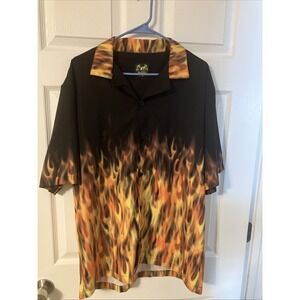 Benny's Hawaiian Shirt Men's Large Black Orange Flames Aloha Bowling Casual